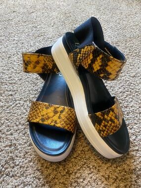 Franco Sarto Yellow Snake-Print Strap Sandals